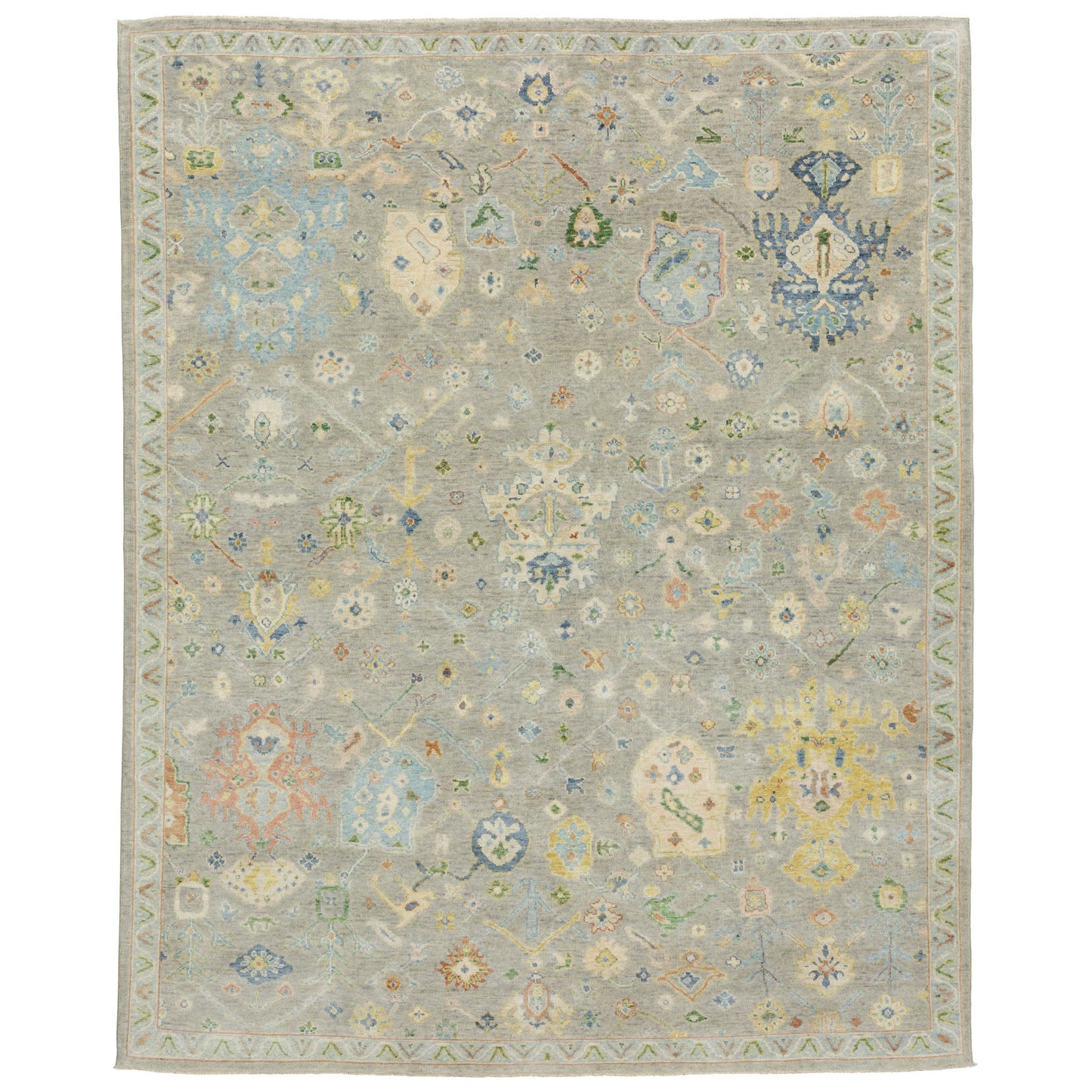 10' X 14' Gray Green And Yellow Wool Oriental Hand Knotted Area Rug With Fringe-1