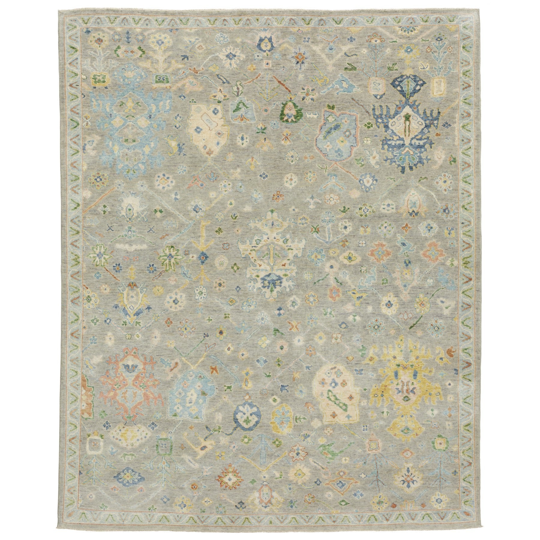 10' X 14' Gray Green And Yellow Wool Oriental Hand Knotted Area Rug With Fringe-1