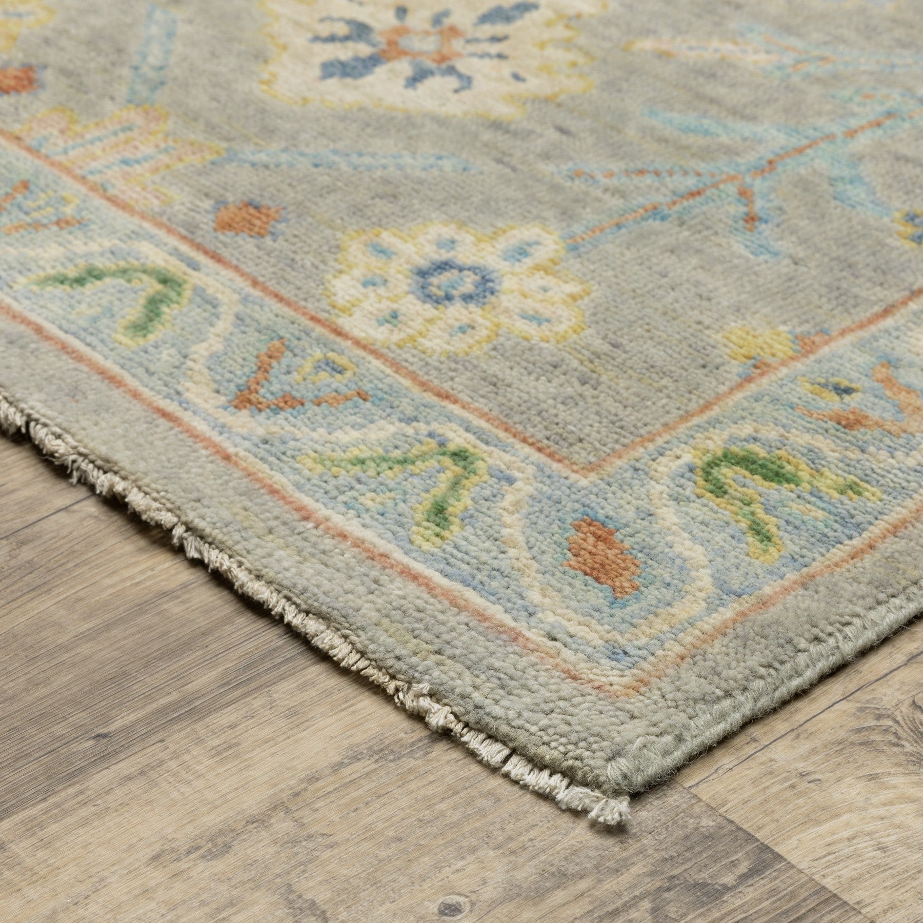 10' X 14' Gray Green And Yellow Wool Oriental Hand Knotted Area Rug With Fringe-5