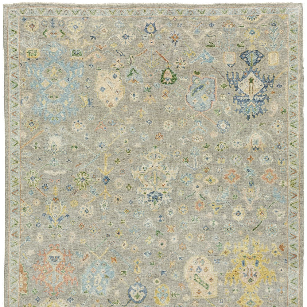10' X 14' Gray Green And Yellow Wool Oriental Hand Knotted Area Rug With Fringe-3