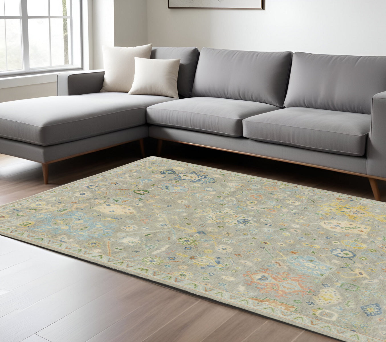 10' X 14' Gray Green And Yellow Wool Oriental Hand Knotted Area Rug With Fringe-0