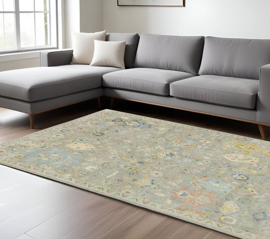 10' X 14' Gray Green And Yellow Wool Oriental Hand Knotted Area Rug With Fringe-0