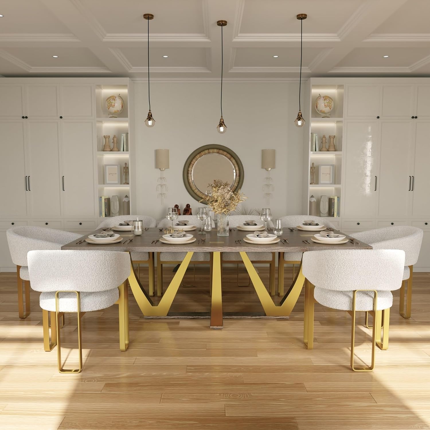 94 Inch Wood Dining Table for 6-10, Modern Farmhouse Rectangular Kitchen Table with Brushed Gold Base, Large Walnut Dining Room Table(Brown)-2