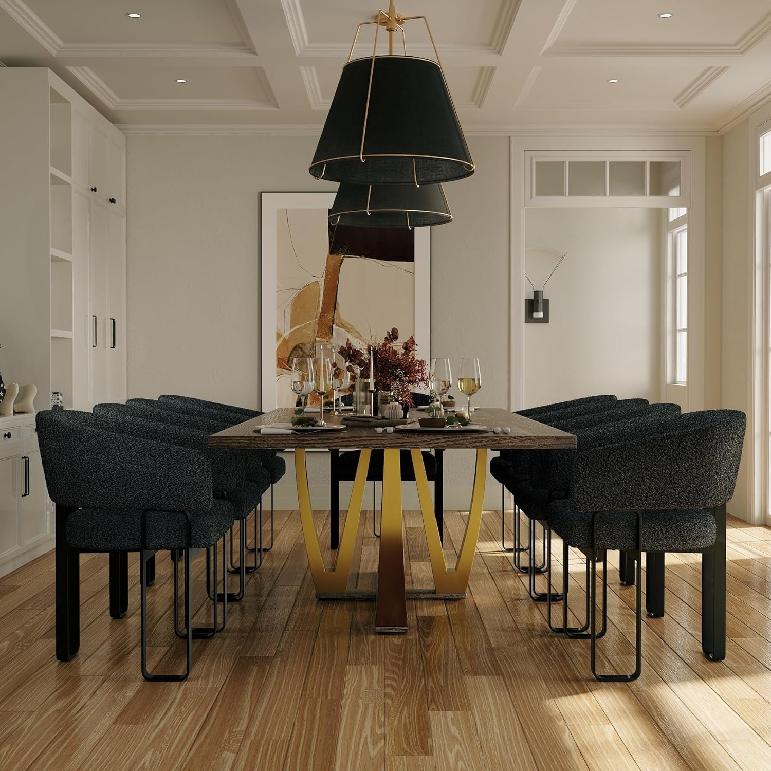 94 Inch Wood Dining Table for 6-10, Modern Farmhouse Rectangular Kitchen Table with Brushed Gold Base, Large Walnut Dining Room Table(Brown)-3
