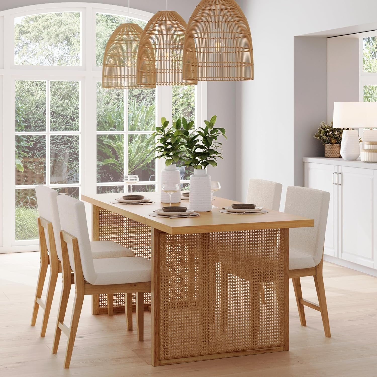 Willow Boho Dining Table for 6 with Solid Wood Legs, 6-Person Natural Wood Dining Table, Warm Pine or Brown Dining Table with Bohemian Rattan Accent-2