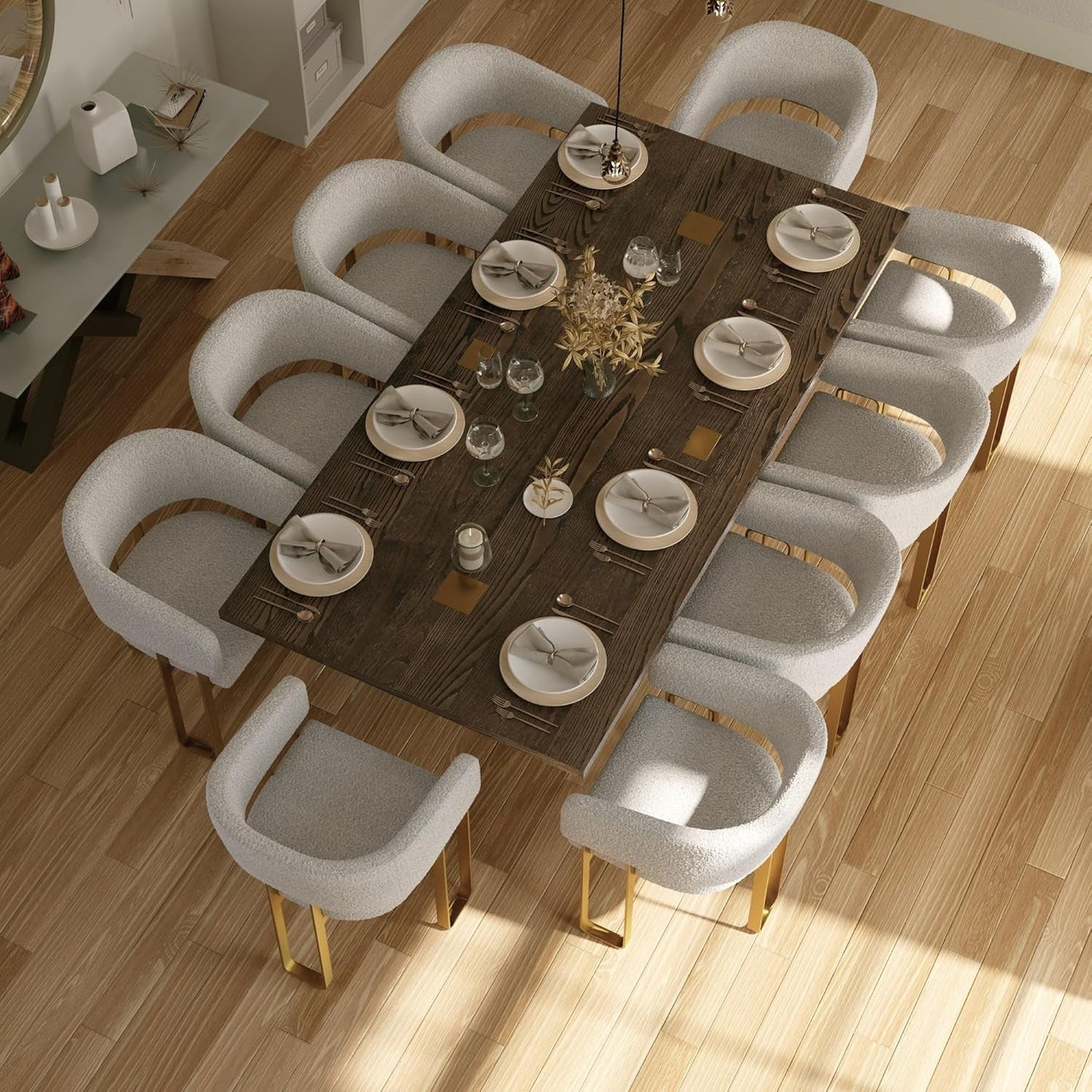 94 Inch Wood Dining Table for 6-10, Modern Farmhouse Rectangular Kitchen Table with Brushed Gold Base, Large Walnut Dining Room Table(Brown)-4