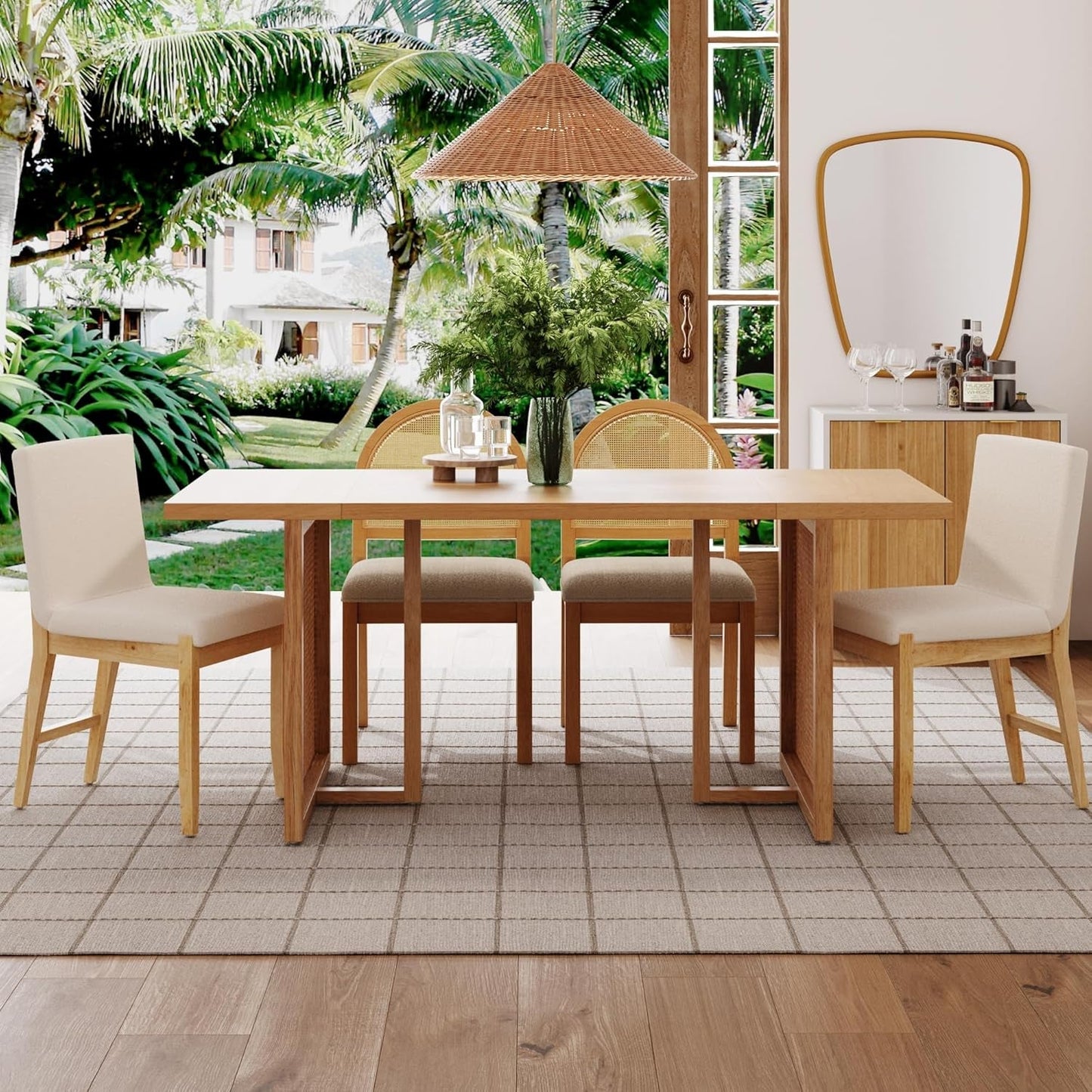 Willow Boho Dining Table for 6 with Solid Wood Legs, 6-Person Natural Wood Dining Table, Warm Pine or Brown Dining Table with Bohemian Rattan Accent-3